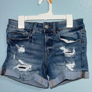 Women's Aeropostale Low Rise Midi Ripped Dark Wash Denim Shorts